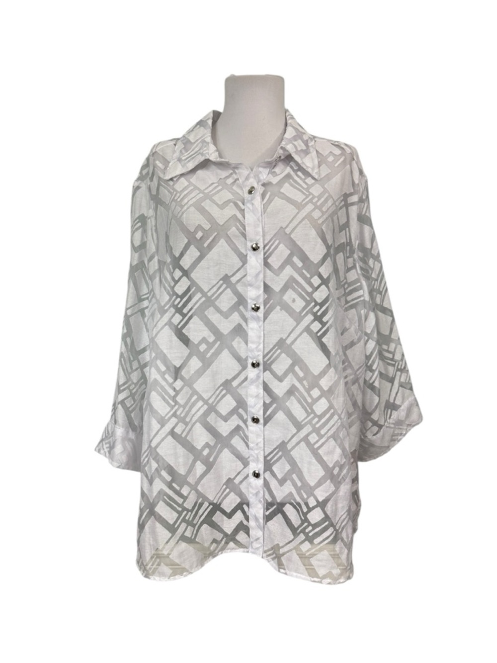 Hearts of Palm 20W 2X Button Down Blouse White Sheer 3/4 Sleeves Casual Vacation